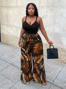 Slaydiva Ensemble 2 Pièces Pour Femmes, Haut Caraco Noir Décontracté À Haute Élasticité Et Pantalon Ample Imprimé À Jambes Larges - Z