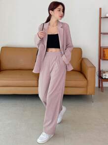 DAZY Damen Anzugjacke und lange Hose Set, einfarbig, Arbeitskleidung für Frauen, Herbstmode Business-Garderobe für Frauen - Pink - Übersicht 5