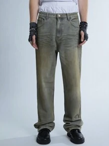 Manfinity Roghcode Y2K Vintage Men's Denim Wide-Leg Jeans, Nostalgic 90s Stained And Dirty Effect - Dusty Blue - View 3