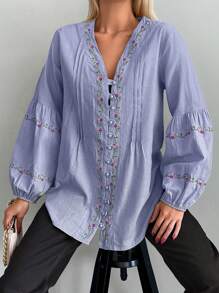 SHEIN Cottnline 花朵刺繡燈籠袖襯衫 - 紫色 - 查看 4