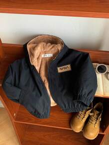 SHEIN Baby Boy Black Contrast Color Thicken Thermal Lined Letter Pattern Hooded Jacket, Winter