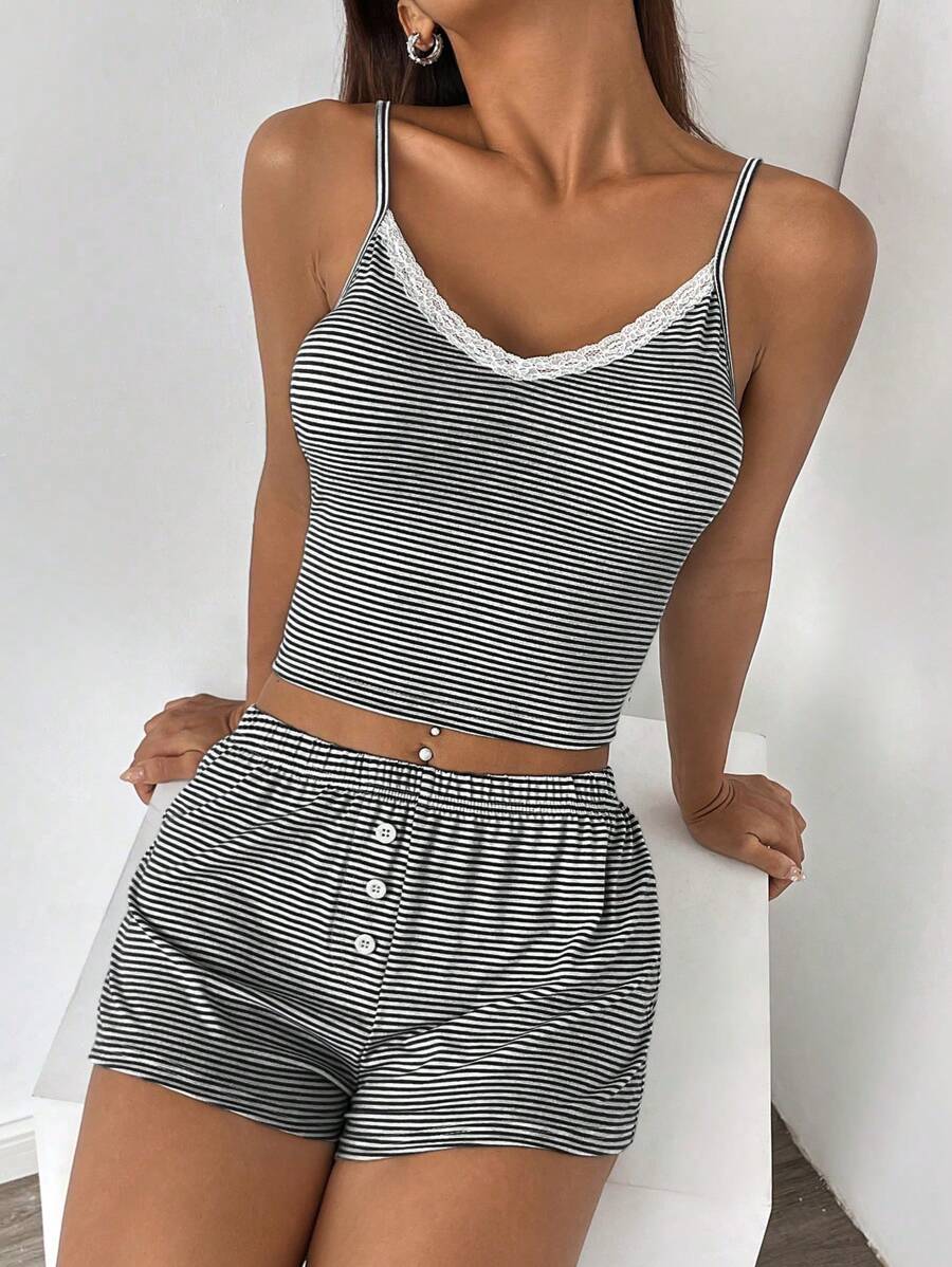 SHEIN Unity Ladies' Lace Striped Printed Summer 2pcs Camisole Set (Lace Randomly Cut) - Black and White - View 1