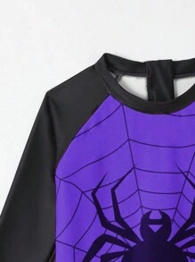 Young Boy Spider Printed Color Blocking Round Neck One Piece Swimsuit With Swimming Cap - Multicolor - View 7