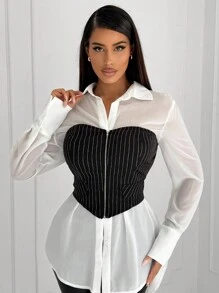 SHEIN SXY Simple Minimalist Commute Chiffon Loose Wet Look Semi-Transparent Shirt - White - View 1