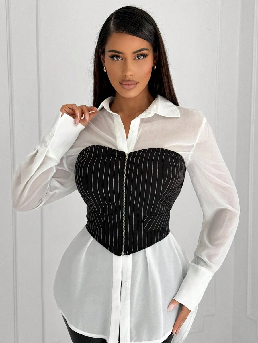 SHEIN SXY Simple Minimalist Commute Chiffon Loose Wet Look Semi-Transparent Shirt - White - View 1