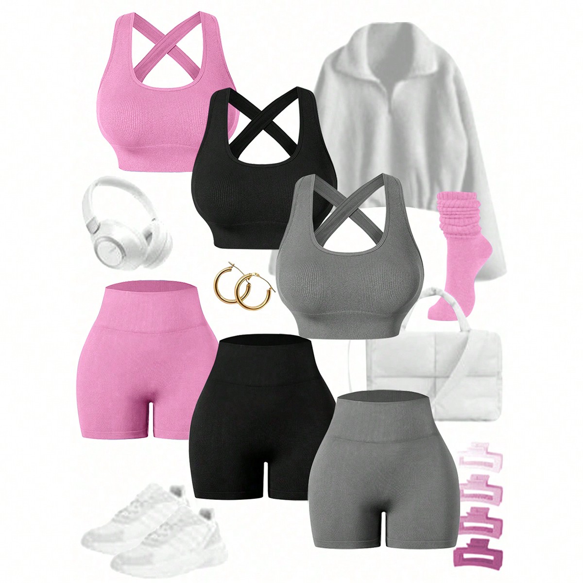 Conjunto deportivo para mujer: Top de ajuste ceñido con cuello redondo y tiras cruzadas, y shorts de yoga acanalados de talle alto para mujer. Conjun