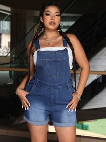 CovetEZ Plus Size Women Solid Color Simple Daily Denim Jumpsuit - Medium Wash - View 2