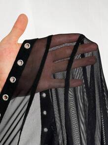 SHEIN ICON Plus Size Sheer Mesh Eyelet Binding Decor See-Through Top - Black - View 7