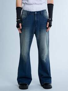 Manfinity Denimwave Y2K Retro Street Style Men's Dark Blue Washed Vintage Denim Dirty Pants With Flares And Worn-Out Look