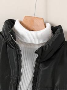 SHEIN Solid Color Simple Style Long Sleeve Padded Coat For Tween Girls, Daily Wear - Black - View 4