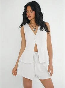 SHEIN EZwear 純色單排扣無袖背心和束腰短褲套裝，夏季 - 白色 - 查看 4