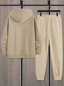 Manfinity Homme Bộ đồ hai mảnh áo hoodie in chữ và quần nỉ rộng rãi cho nam - Màu be - Xem 3