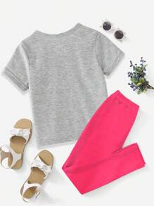 Ensemble t-shirt à manches courtes et legging imprimé avec slogan de lettre couronne de mode décontractée pour préadolescentes, style de base - Multicolore - Voir 2