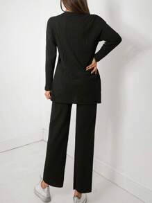 EURMUSE 落肩开衩下摆 T 恤和裤子 - 深灰色 - 查看 2