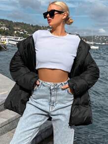 EURMUSE Zip Up Hooded Puffer Coat - Black - View 5