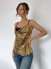 SHEIN Essnce Top de tirantes de cuello con escote drapeado de textura metálica y parche de encaje para mujeres, primavera/verano