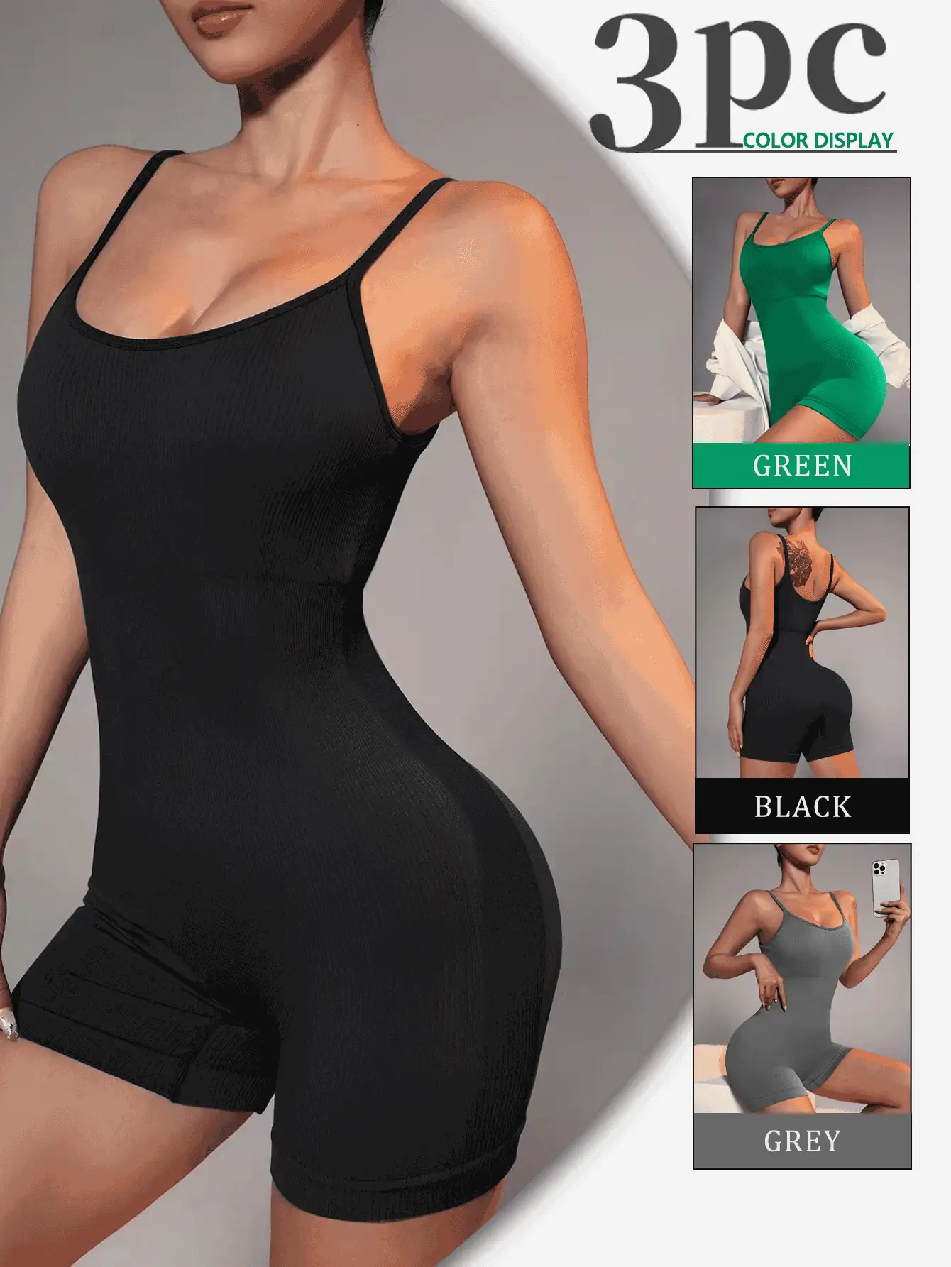 SHEIN Sports 3pcs Seamless Rib-Knit Cami Sports Romper - Multicolor - View 2