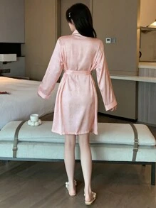 DAZY Satin Heart Printed Lapel Bathrobe - Red - View 2