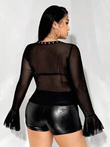 SHEIN ICON Plus Size Sheer Mesh Eyelet Binding Decor See-Through Top - Black - View 6