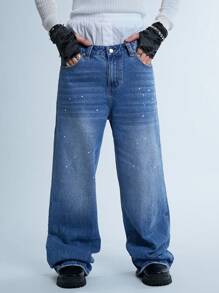 Manfinity Roghcode Y2K 复古男士中蓝色宽腿洗水宽松牛仔裤，适合送给丈夫、男朋友的礼物