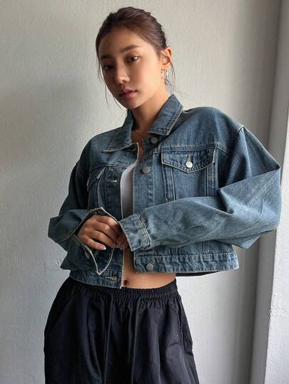 DAZY Solid Color Front Button Denim Jacket With Pockets, Casual Long Sleeves,Back To School Clothes