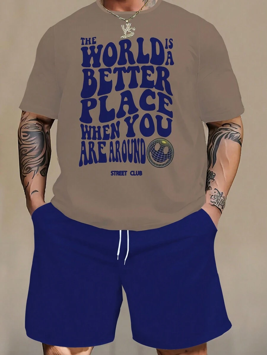 Men's Plus Size WORLD BETTER Printed T-Shirt Set