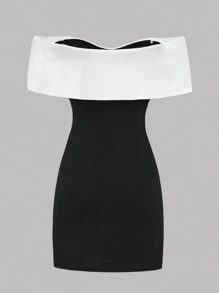 SHEIN Teen Girls' Black & White Off Shoulder Dress With Oversized Bow For Party Or Elegant Streetwear