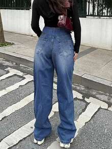 Zipper Fly Wide Leg Jeans - Dark Wash - View 2
