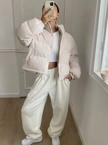 DAZY 女士立领纹理丝绒纯色夹克冬季女式外套 - 杏色 - 查看 8