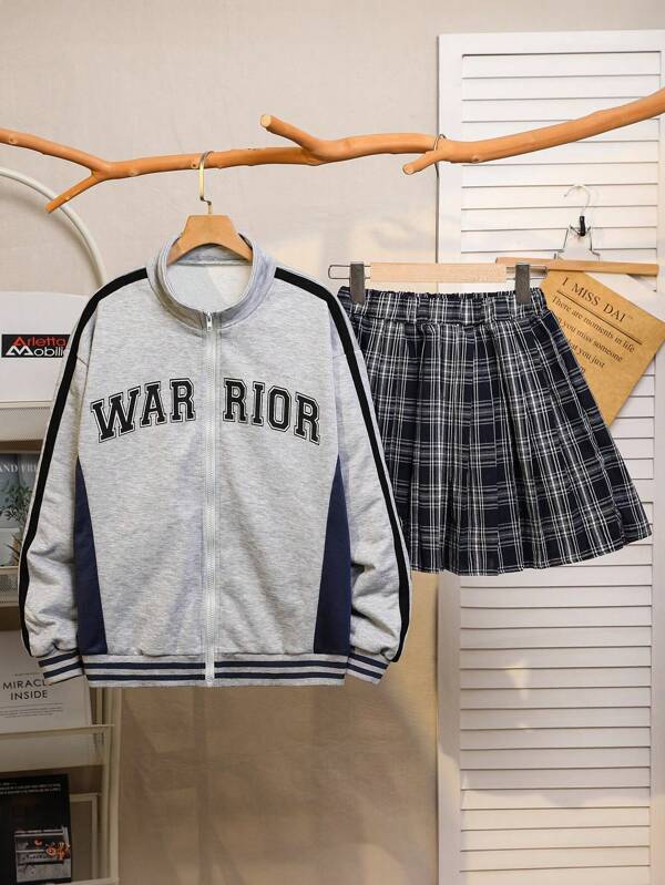 Teen Girls' Simple Printed Long Sleeve Shirt & Plaid Mini Skirt Set, 2pcs