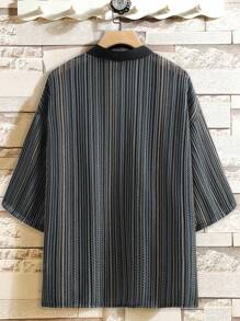 Manfinity RSRT Camisa Vintage Masculina Solta de Verão com Frente Aberta, Listras Coloridas e Mangas Caídas
