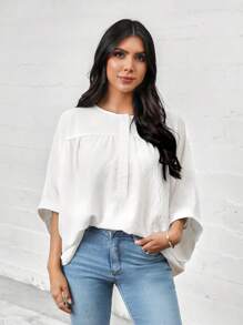 SHEIN LUNE Summer Casual White Batwing Sleeve Loose Mid-Sleeve Workwear Women's Shirt - White - View 6
