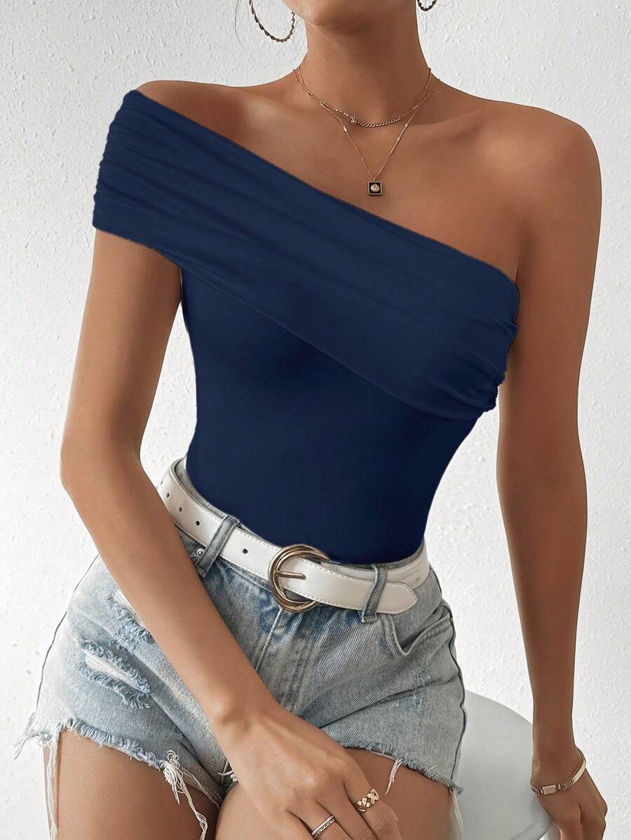 SHEIN LUNE Summer Casual Slim-Fit Solid Color Oblique Shoulder T-Shirt - Navy Blue - View 1
