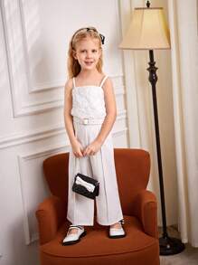 SHEIN 女童日常/通勤連身褲，白色，上半身為玫瑰網眼拼接，下半身為白色編織布料，配有白色腰帶 - 白色 - 查看 8