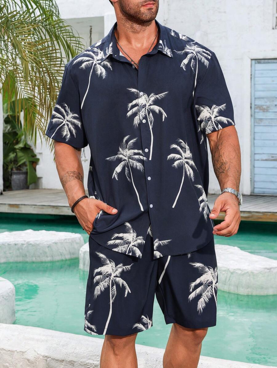 Genlund Plus-Size Men's Botanical Printed Short Sleeve Button-Down Shirt And Pocketed Shorts Casual Two-Piece Set - Multicolor - View 1