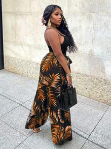 Slaydiva Ensemble 2 Pièces Pour Femmes, Haut Caraco Noir Décontracté À Haute Élasticité Et Pantalon Ample Imprimé À Jambes Larges - Z