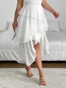 SHEIN Privé Falda plisada de gasa con volantes y capas, de corte favorecedora para tallas grandes, elegante y romántica para resort, perfecta para una cita o para volver al colegio - Blanco - Ver 5