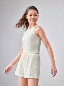SHEIN Teen Girl Knitted Solid Color Tag Woven Vest With Pocket And Drawstring Shorts Casual Two Pieces Set
