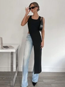 Siren Gaze New Spring Summer Sleeveless Dark Style Super Long Split Hem Women's Tank Top Black Casual - Black - View 8