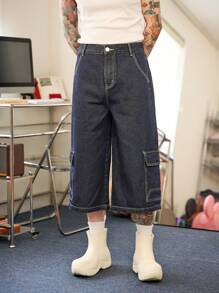 Manfinity Hypemode Hommes du style de rue Vintage Y2K JORTS en jean original de vache bleue foncé à multiples poches - Jean brut - Voir 1