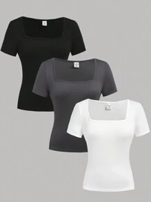 SHEIN Girlism Conjunto de camiseta de gola redonda para meninas adolescentes, 3 peças, preto/branco/cinza, de malha, perfeito para camadas