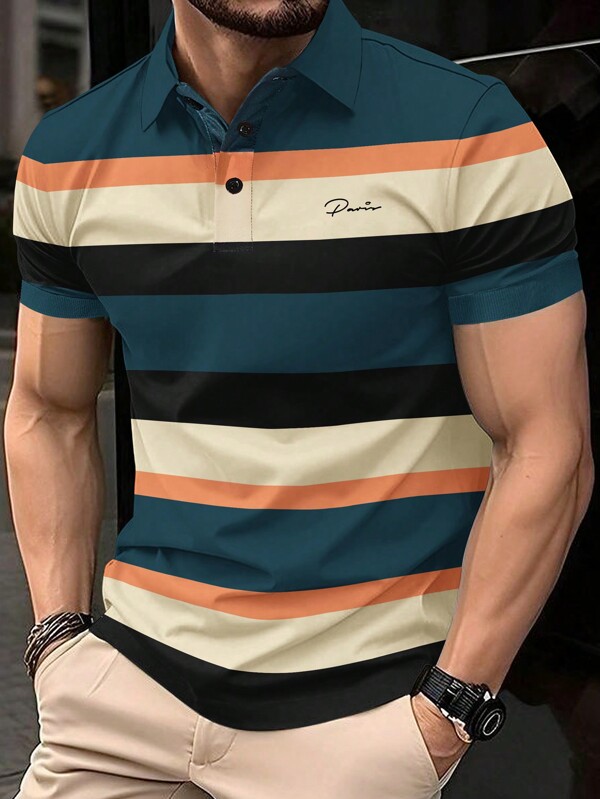 Manfinity Homme Men Summer Letter Colorful Striped Short Sleeve Fashion Work Casual & Commuting Collar Polo Shirt, For Husband & Daddy