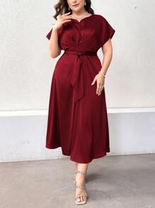 Modelyn Vestido largo de noche con cuello en pico, mangas tipo murciélago y cinturón, color rojo burdeos
