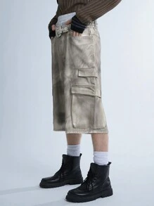Manfinity Denimwave Y2K Retro Streetwear Men's Vintage Workwear Baggy Denim Shorts With Dirty And Worn-Out Look, JORTS