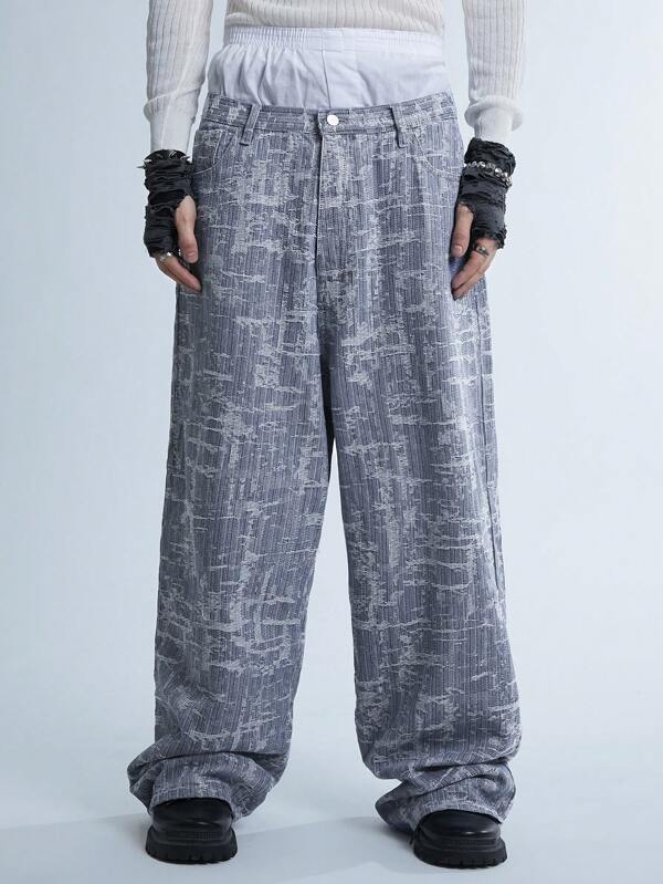 Manfinity Denimwave Y2K Retro Street Style Men's Knitted Denim Distressed Snowflake Patchwork Baggy Jeans