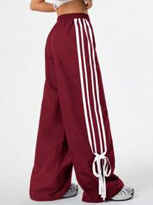 Coolane Women's Velvet Back To School Palazzo Drawstring Side Stripes Fashionable Edge Collision And Bow Ties Pants