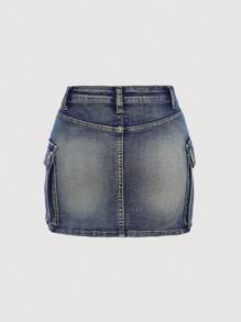 SHEIN Girlism Tween Girls Y2K 复古水洗牛仔布工装口袋裙 - 中等水洗藍 - 查看 2