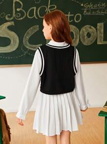SHEIN Conjunto básico de 3 piezas para niña preadolescente: chaleco, camisa y falda plisada, ropa de vuelta al colegio - Blanco y Negro - Ver 2