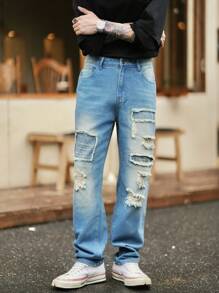 Manfinity Roghcode Men's Vintage American Style Casual Mid-Blue Washed Denim Patchwork Distressed Loose Straight-Leg Jeans - Medium Wash - View 5