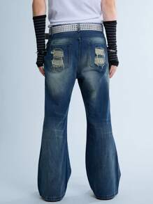 Manfinity Denimwave Y2K Retro Street Style Men's Dark Blue Washed Vintage Denim Dirty Pants With Flares And Worn-Out Look